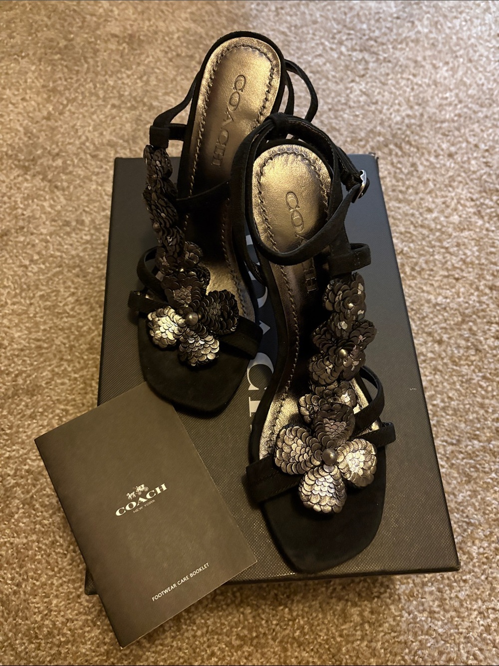 Coach Bianca Black Strappy Heels with Floral Appliqués